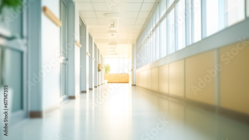 Interior of hospital bright corridor with rooms.