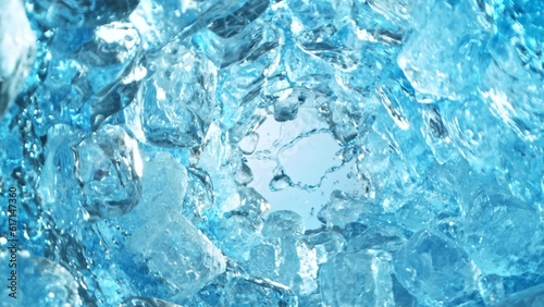 Texture of splashing water with ice cubes, tunnel shape.