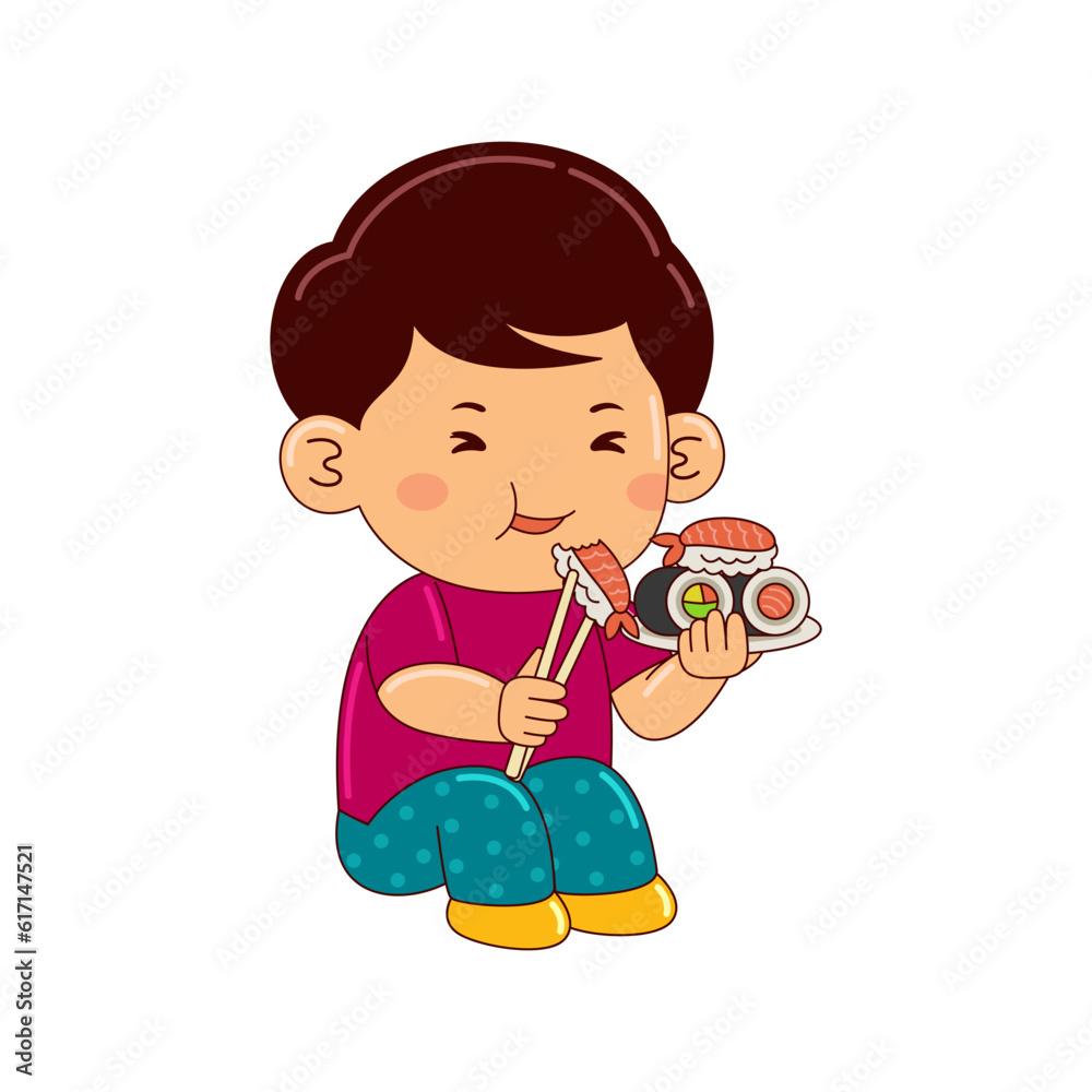 boy kids eating sushi vector illustration boy kids eating sushi vector illustration