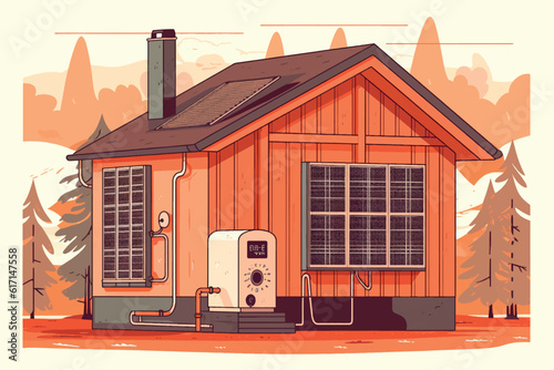 Framework concept for the installation of air source heat pumps. Heat pump in a family home. Vector illustration