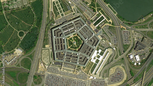 Pentagon in Washington building looking down aerial view from above, Bird’s eye view Pentagon, Washington, USA photo