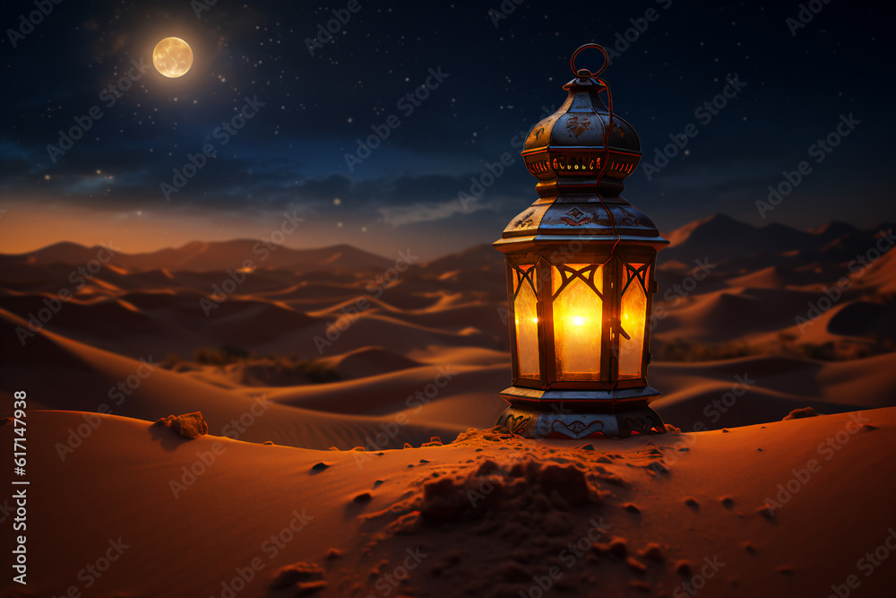 The desert sands cover the Ramadan lantern at night with the bright lighting of the lantern The desert sands cover the Ramadan lantern at night with the bright lighting of the lantern