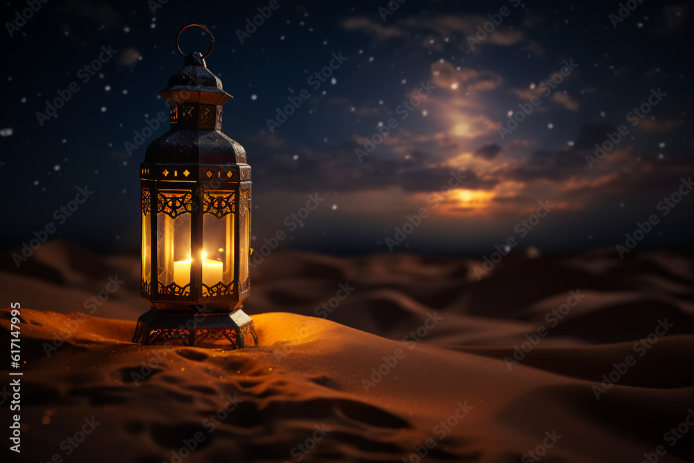The desert sands cover the Ramadan lantern at night with the bright lighting of the lantern The desert sands cover the Ramadan lantern at night with the bright lighting of the lantern