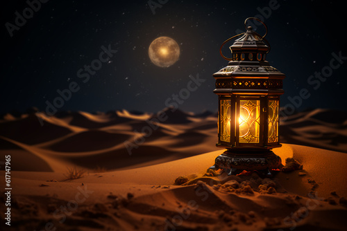 The desert sands cover the Ramadan lantern at night with the bright lighting of the lantern