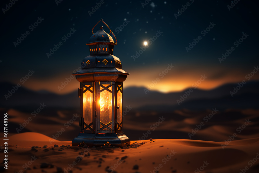 The desert sands cover the Ramadan lantern at night with the bright lighting of the lantern