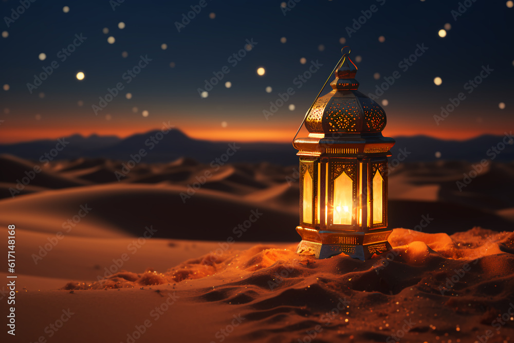 The desert sands cover the Ramadan lantern at night with the bright lighting of the lantern The desert sands cover the Ramadan lantern at night with the bright lighting of the lantern