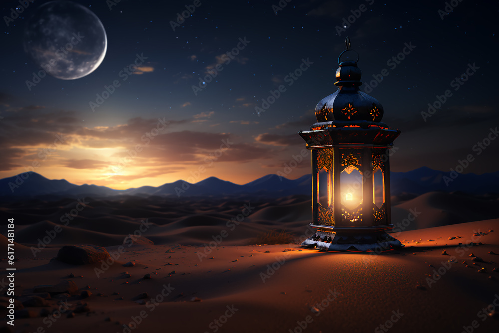 The desert sands cover the Ramadan lantern at night with the bright lighting of the lantern
