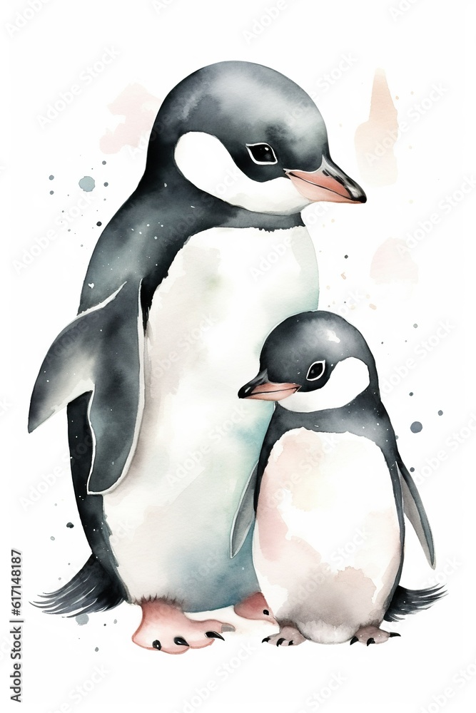 Obraz premium Watercolor Painting of Mother and Baby Penguin. Generative AI