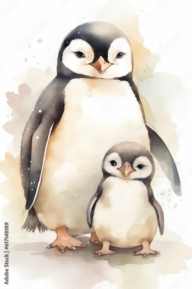 Fototapeta premium Watercolor Painting of Mother and Baby Penguin. Generative AI