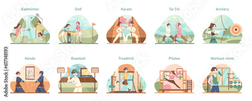 Asian people doing sport set. Modern and traditional sport activities