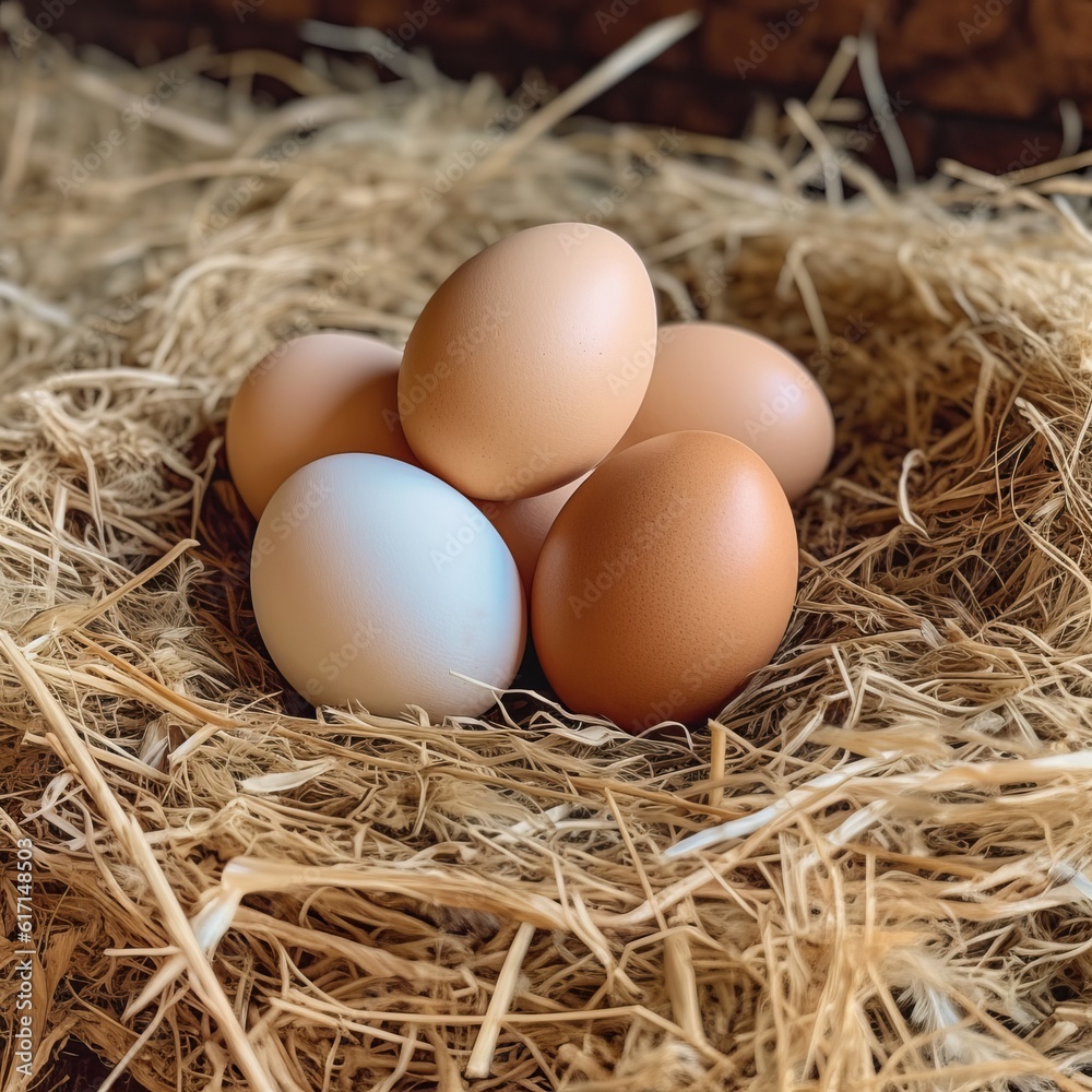 
Homemade chicken eggs in hay and a wicker basket with feathers, chicken coop, high-protein dietary product, cooking ingredient Generative AI