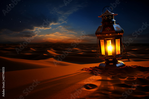 The desert sands cover the Ramadan lantern at night with the bright lighting of the lantern