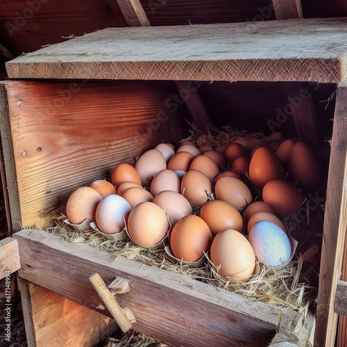 
Homemade chicken eggs in hay and a wicker basket with feathers, chicken coop, high-protein dietary product, cooking ingredient Generative AI
