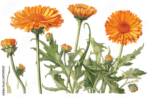 Calendula flowers with leaves isolated on white vector 