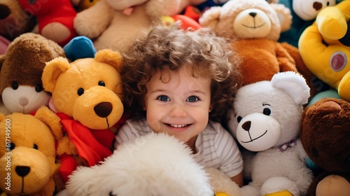 Little girl with brown hair surrounded by cuddly teddy bears