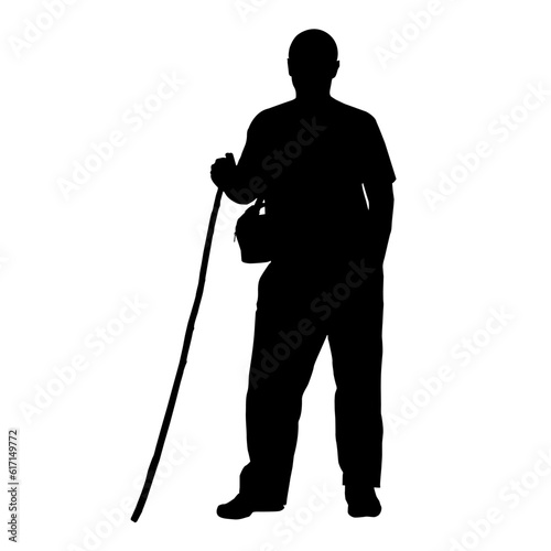 Vector silhouette of a man with a cane on a white background. Vector illustration