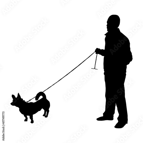 Vector silhouette of a man with a dog on a white background. Vector illustration