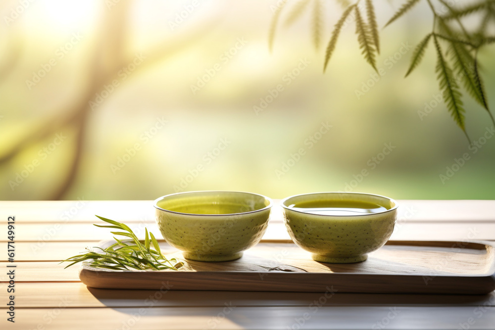 Hojicha, Japanese green tea in unomi porcelain cups. Tradition of Japanese tea drinking. Generative Ai content Hojicha, Japanese green tea in unomi porcelain cups. Tradition of Japanese tea drinking. Generative Ai content