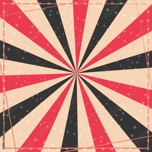 Sunlight retro circus template. Red, black, brown color burst background
