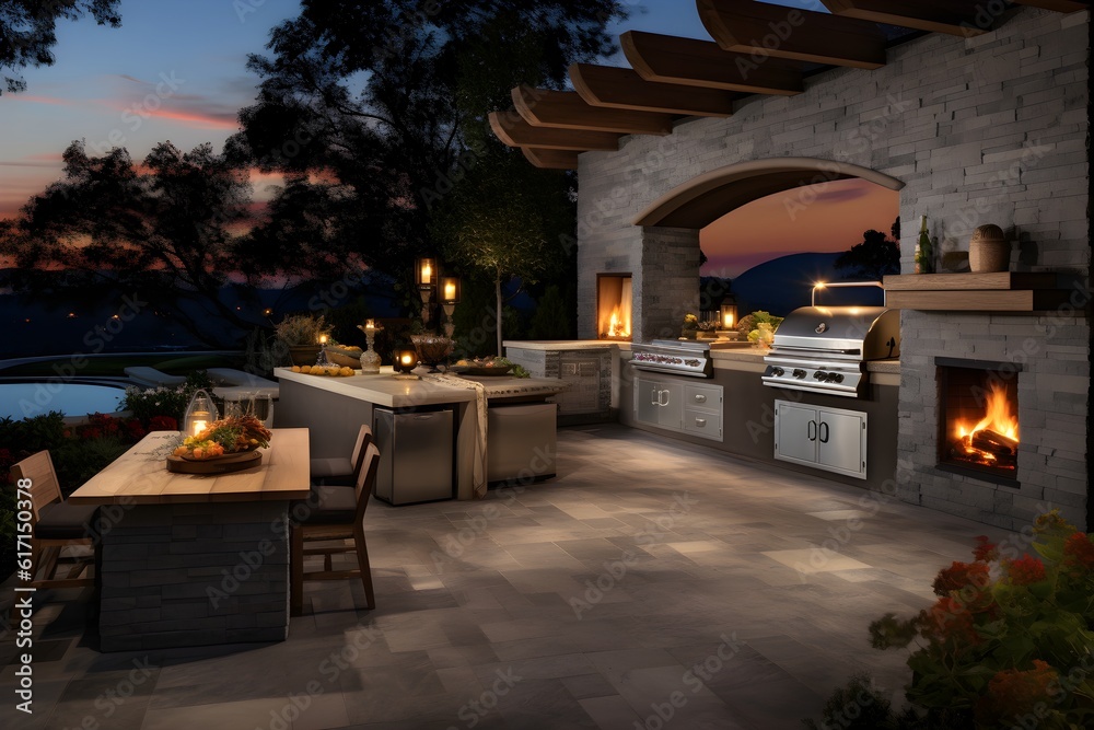 Custom Outdoor Kitchen area with professional barbecue grill, outdoor kitchen access door & drawers, and other components.