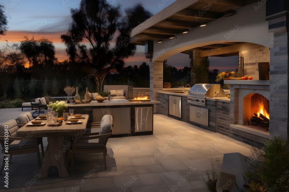 Custom Outdoor Kitchen area with professional barbecue grill, outdoor kitchen access door & drawers, and other components.