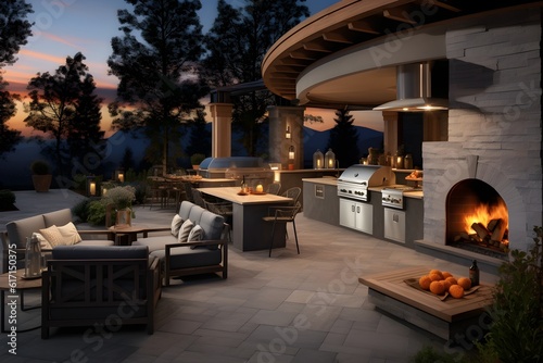 Custom Outdoor Kitchen area with professional barbecue grill, outdoor kitchen access door & drawers, and other components.