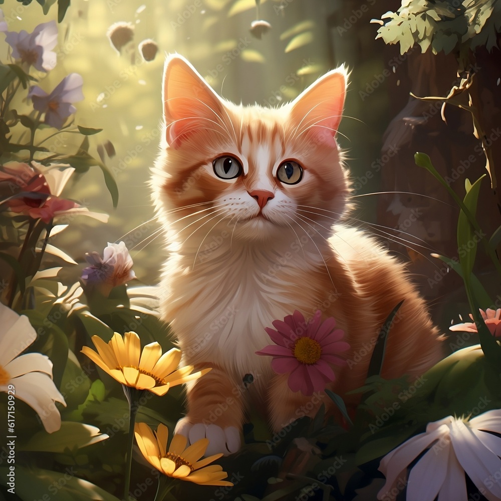 In a natural setting, a photorealistic portrait showcases a cute cat amidst a field of flowers