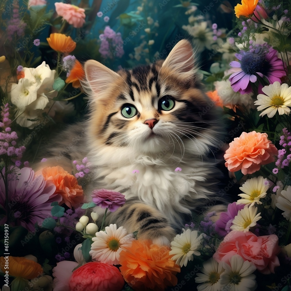 In a natural setting filled with flowers, a photorealistic portrait highlights the cuteness of a cat