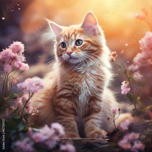 Surrounded by flowers, a natural setting serves as the canvas for a photorealistic portrait of a cute cat