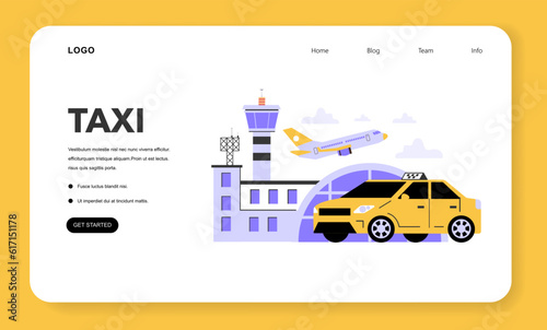 Taxi service web banner or landing page. Yellow taxi car transfering