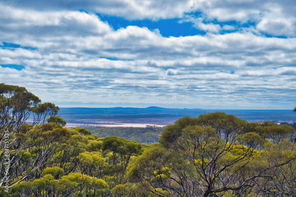 Panoramic view from Beacon Hill in Norseman, Western Australia, across the salt lake Lake Cowan and the empty country of the Great Western Woodlands.
