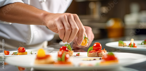 Professional chef in white uniform cooking vegetarian dish. Creative preparing meal. Food prepare in process vegetarian dish by chef hand in the restaurant s kitchen.