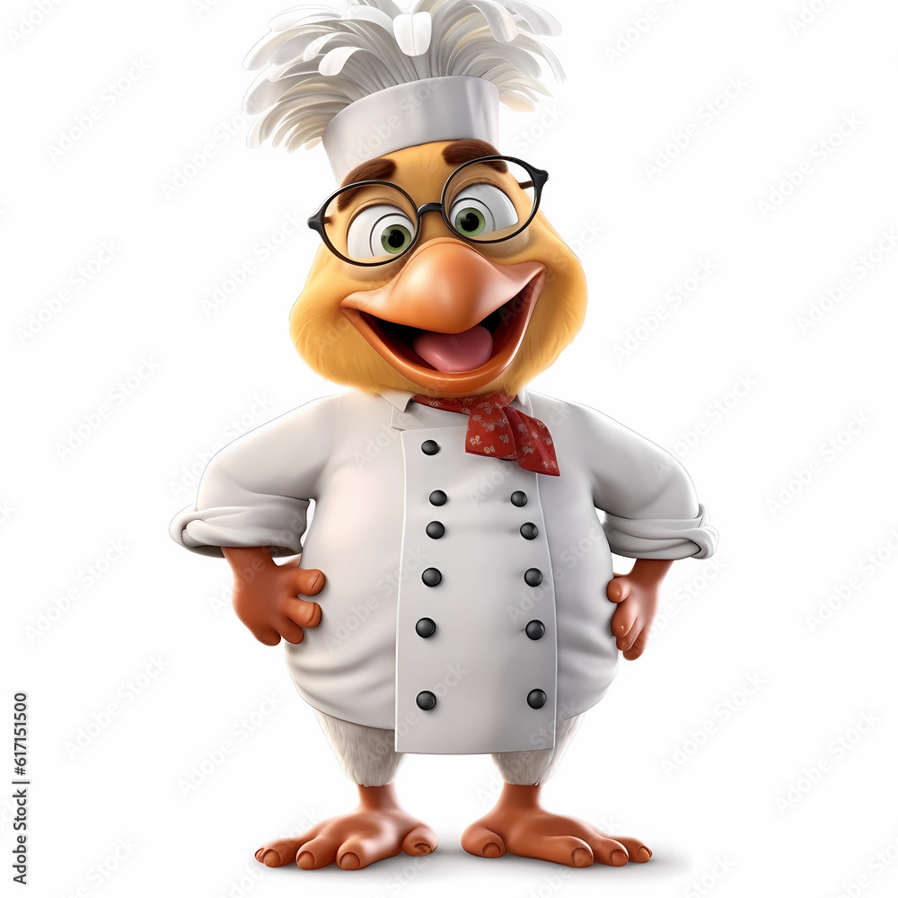 Mascote 3d Frango cozinheiro chefe de cozinha com uniforme Mascote 3d Frango cozinheiro chefe de cozinha com uniforme