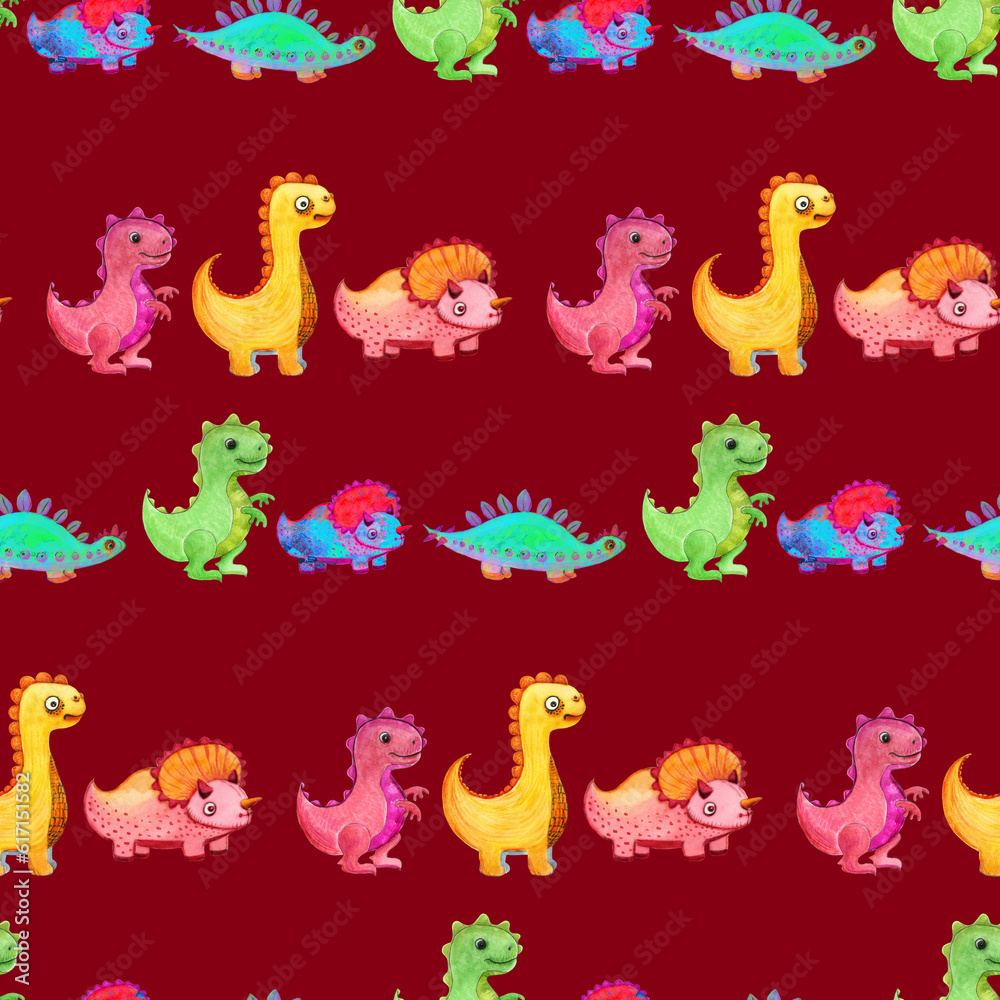 Fototapeta premium Dinosaur - cartoon character. Illustration for children. Use printed materials, signs, items, websites, maps, posters, postcards, Drawing watercolor. Seamless pattern.