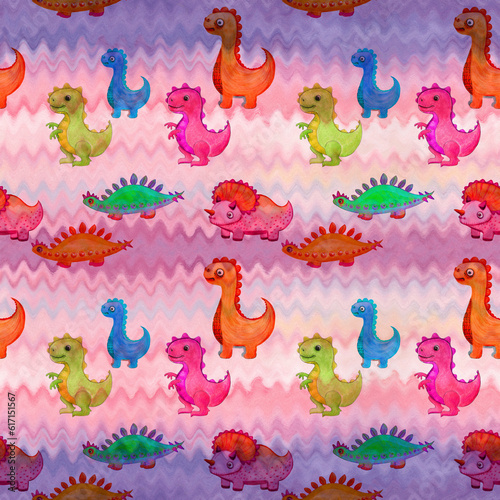 Dinosaur - cartoon character. Illustration for children. Use printed materials  signs  items  websites  maps  posters  postcards  Drawing watercolor. Seamless pattern.