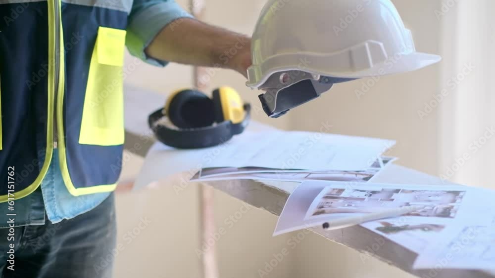Architect in vest taking white helmet from heap of project papers to continue renovation process in bedroom man in uniform at construction site safety rules and equipment Architect in vest taking white helmet from heap of project papers to continue renovation process in bedroom man in uniform at construction site safety rules and equipment