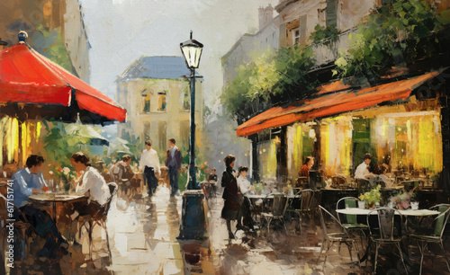 Oil paintings landscape, old street in the city, Street with cafes, shop windows, flowers, people sitting at tables, city life © yaroslavartist