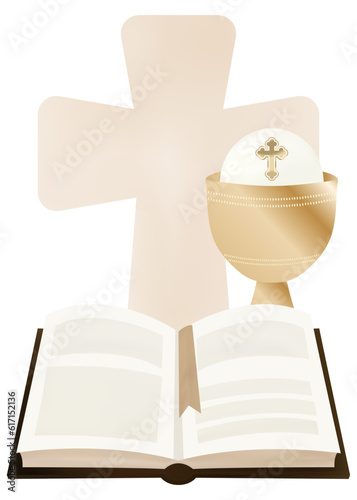 Holy Bible with cross and gold chalice