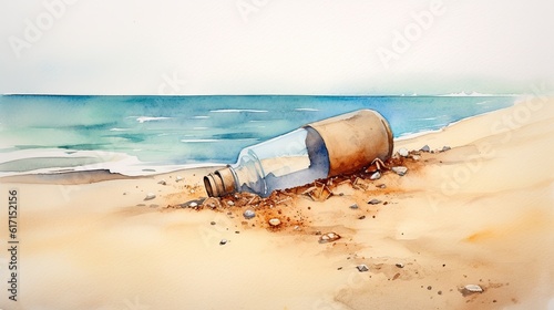 Plastic bottle on the beach. Watercolor painting, illustration. photo