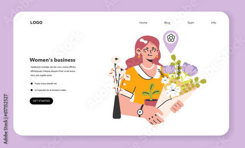 Florist web banner or landing page. Female floral designer making