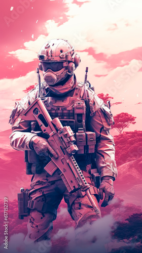 Soldier in military outfit, First person shooter concept, Fps game cover art.