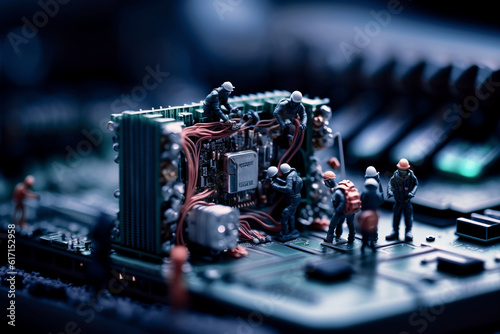 Group of worker figurine doing maintenance on a computer motherboard. Generative AI technology concept.