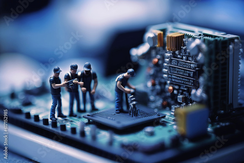 Group of worker figurine doing maintenance on a computer motherboard. Generative AI technology concept.