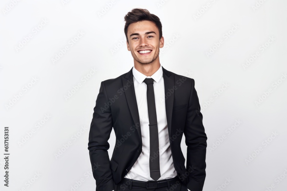 Handsome young man in black suit smiling and looking at camera while ...