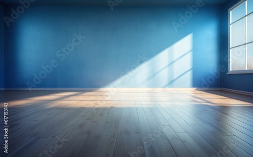 An empty room with blue walls and hardwood floor Illustration AI Generative. © ArtCookStudio