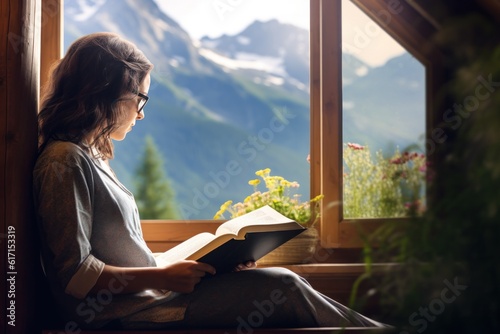 Woman sitting beside window, with book. Illustration AI Generative.