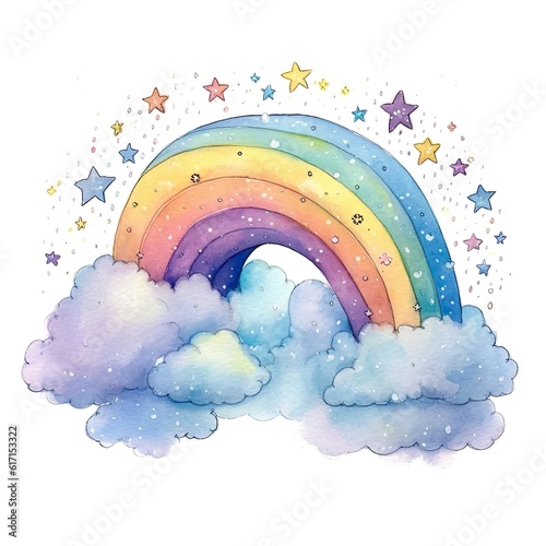 Regenbogen in Watercolor mit Wolken und Sternen KI generiert