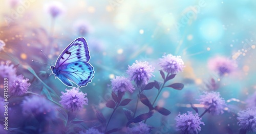 Butterfly on purple meadow. Illustration AI Generative. © ArtCookStudio
