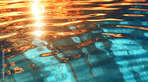 Pool blue transparent clear water surface background with sunlight reflection.