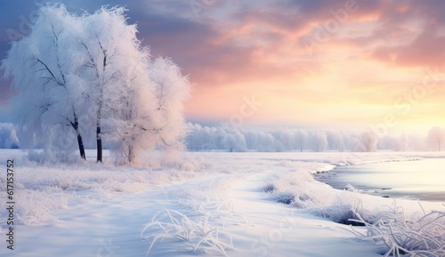 Winter snowy forest background. Illustration AI Generative © ArtCookStudio